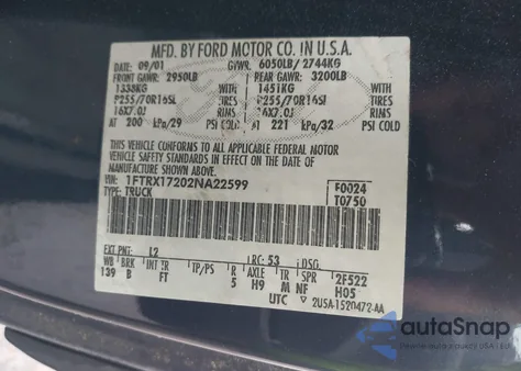 2002 Ford F-150 Xl/Xlt из США, поврежденный, VIN 1FTRX17202NA22599